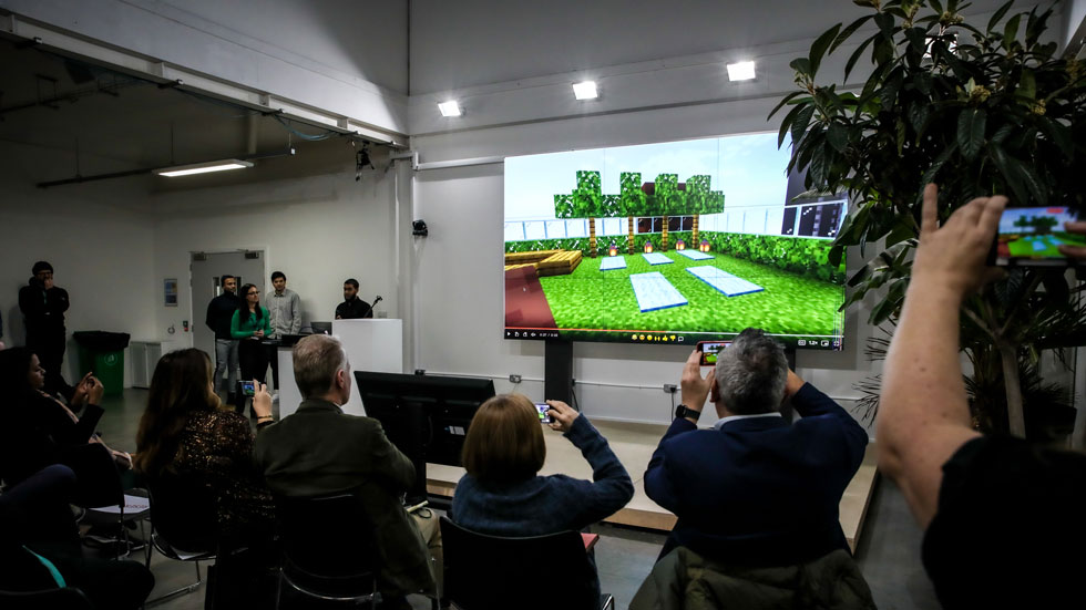 Students present their ideas using the Minecraft London World
