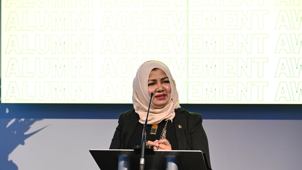 Dr Aishath Rafiyya, BSc Business Information Systems, 2007, speaks at the 2022 Alumni Achievement Awards