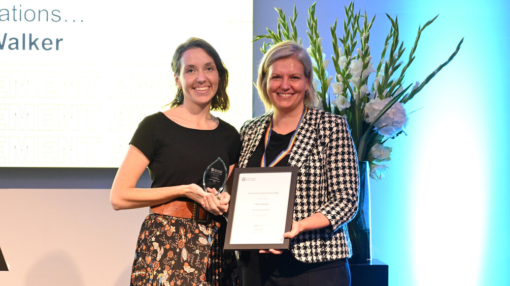 Hazel Walker collects the Careers Ld Award from Vanessa Varvas, Chief Marketing Officer at UEL, at the Alumni Achievement Awards