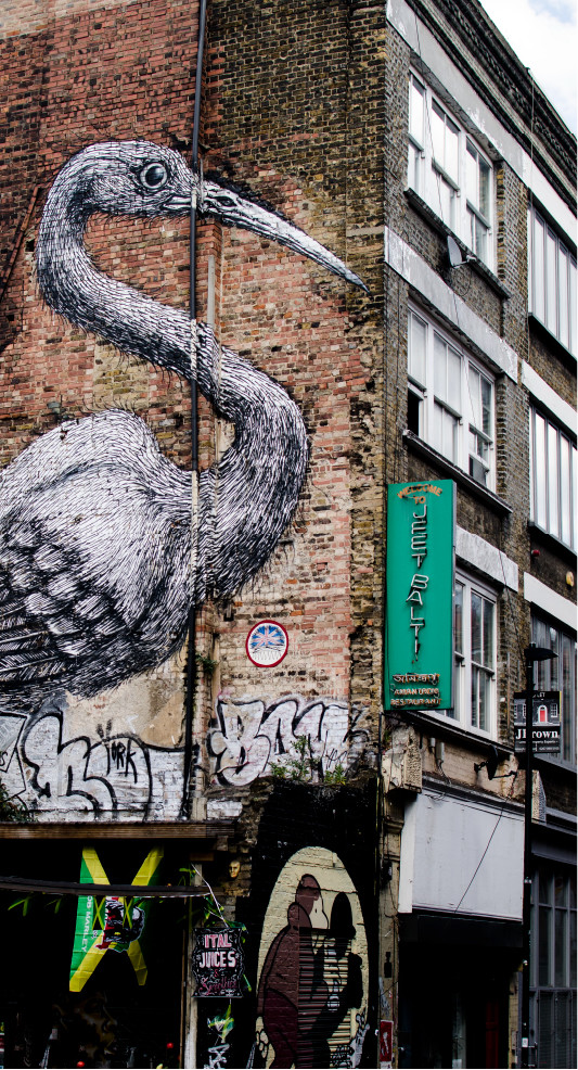 giant bird graffiti on wall in East London