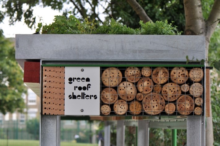 One of Green Roof Shelters' products featuring green roof and habitat panels for insects and birds