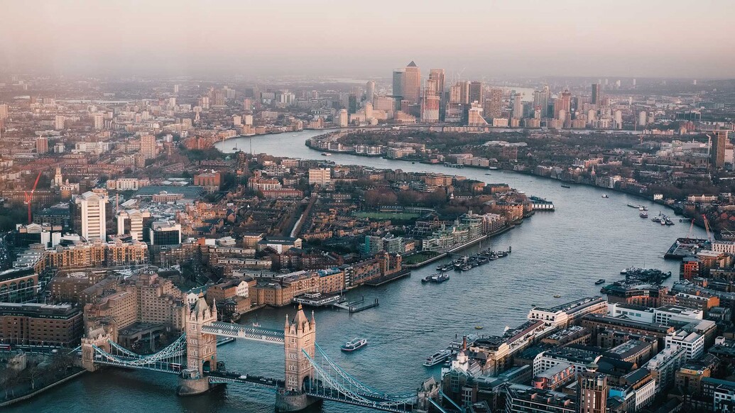 Aerial shot of the Tower Bridge and its surrounding area