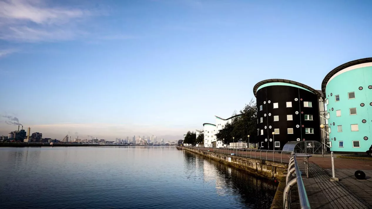 view of Docklands campus in blue, sunny sky
